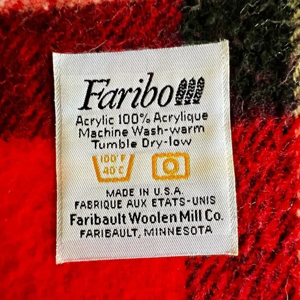 VTG Faribo Faribault Blanket Woolen Mills Co Red Plaid Fringed Acrylic Throw